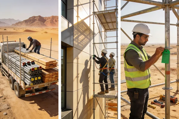 Three scaffolding services in Oman including rental, erection, and inspection